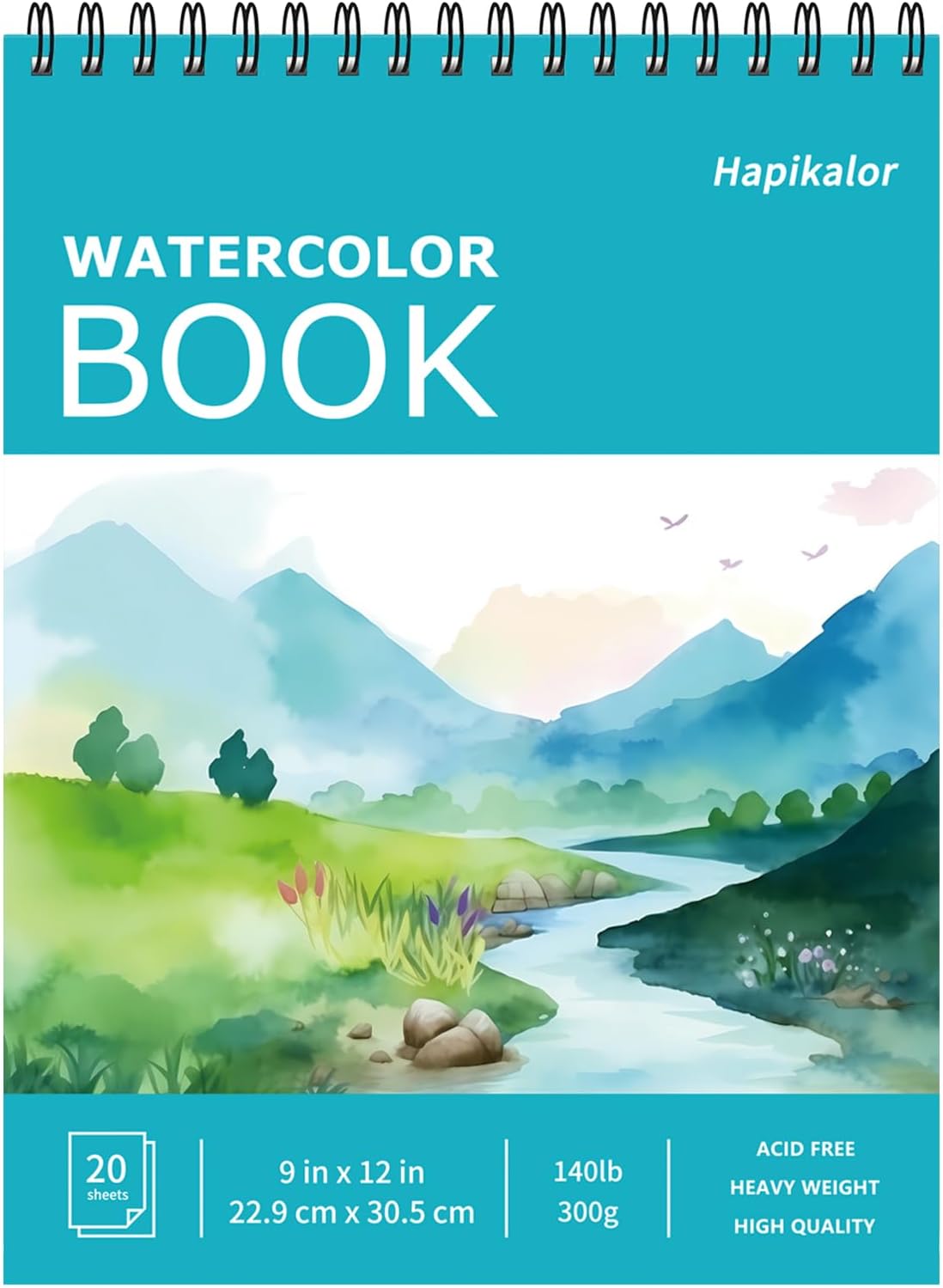 Hapikalor 9"x12" Watercolor Sketchbook, 1-Pack Spiral Bound, Water Color Paper, 140lb/300gsm Watercolor Paper, Watercolor Notebook, Watercolor Journal, Sketch Pad, School Supplies, Teal