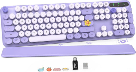 Wireless Keyboard, Round Keycaps, Retro Typewriter Keyboard with Detachable Wrist Rest, Sleep Mode, Foldable Legs, 2.4GHz Full-size Cordless Computer Keyboard for Windows/PC/Laptop (Colorful-Purple)