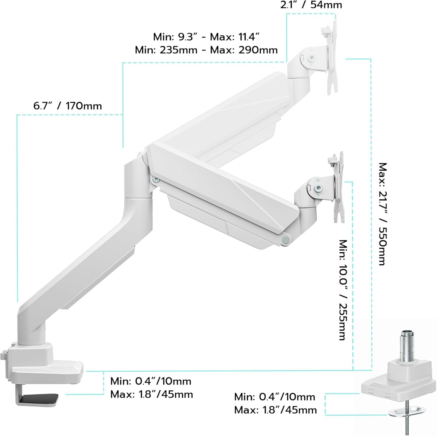 ARES WING Ultrawide Monitor Arm, Heavy Duty Single Monitor Mount for 13"-49" Curved Screens, Adjustable Stand for Desk with C-clamp & Grommet Base up to 40 LBS, White