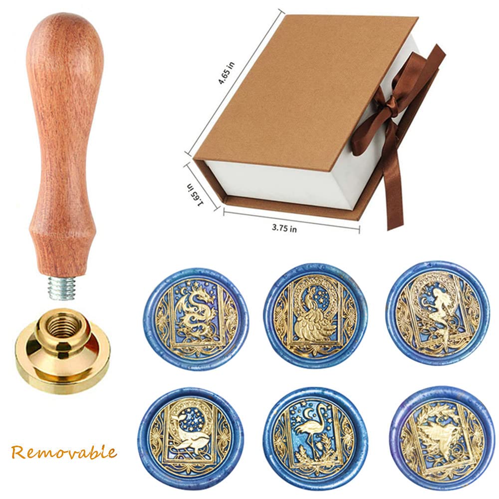 Wax Seal Stamp, 6pcs Brass Heads & Rosewood Handle, Starry Animal Kit for Invitations, Art, DIY Crafts