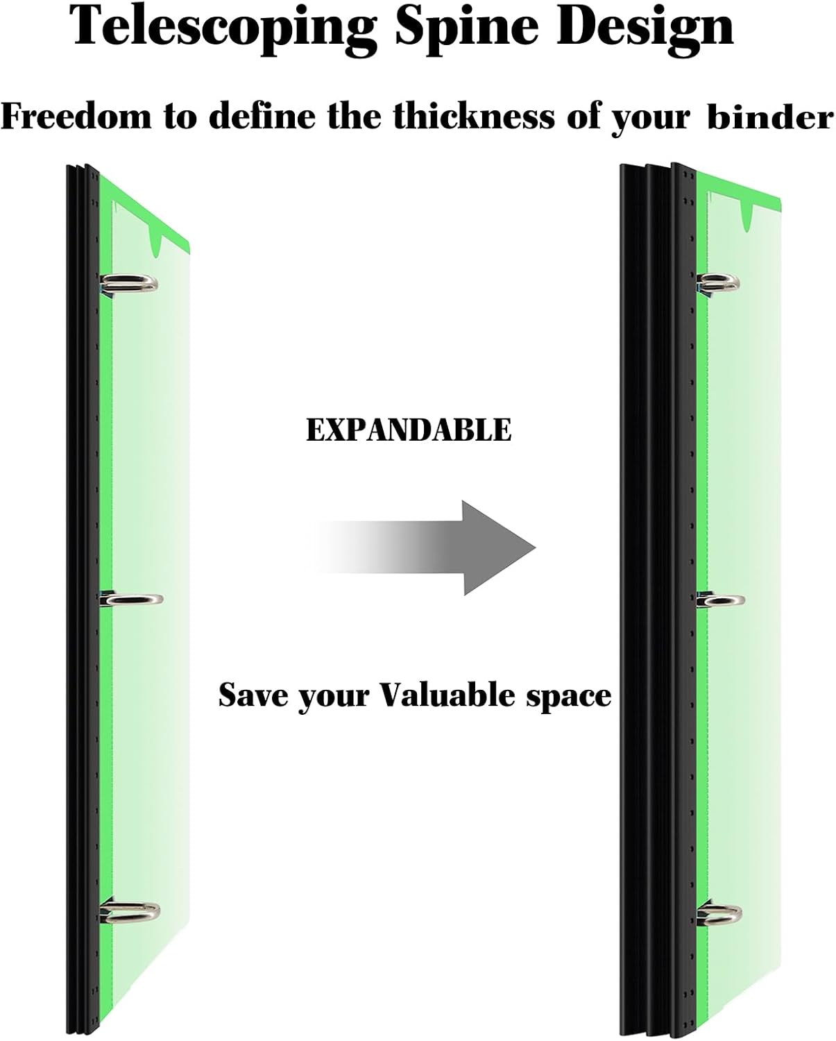 INFUN 1 Inch Telescoping 3 Ring Binder - 1PCS,Flexible Round Binder with Customizable Front Cover and Clear Catalog Pocket, 1 Inch Rings, 225 Sheet Capacity- Green