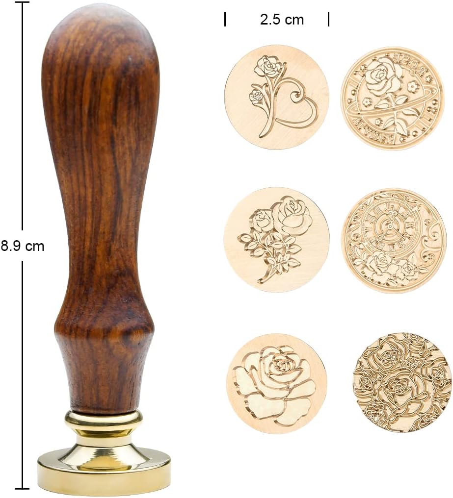 Wax Seal Stamp Kits, 6 pcs Wax Stamp Brass Head & 1 Wooden Handle, 6 Rose Designs