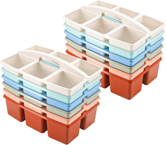 6 Equal Compartment Classroom Caddy, 12 Pack Small Caddy Organizer with Handle Rainbow Colors Plastic Classroom Table Caddies School Supply Organizer for Easy Storage (Boho Color)