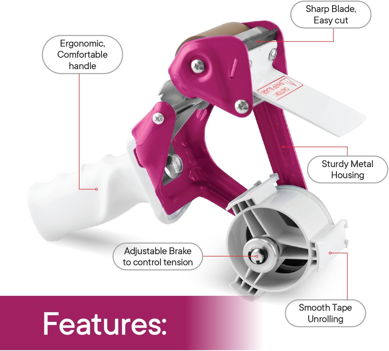 Heavy Duty Metal Frame Tape Gun - 3" Core with Special Ergonomic Handle - Packing Tape Dispenser with Premium Tempered Steel Blade for 2" Tape Rolls