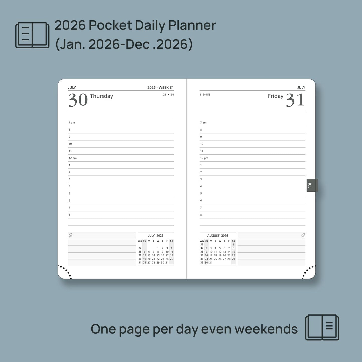 POPRUN 2026 Daily Planner One Page Per Day A6 Size Calendar (4.25" x 6.25") - 12 Months Hourly Appointment Book with Hardcover, Monthly Tabs, Pocket, Pen Holder - Navy Blue