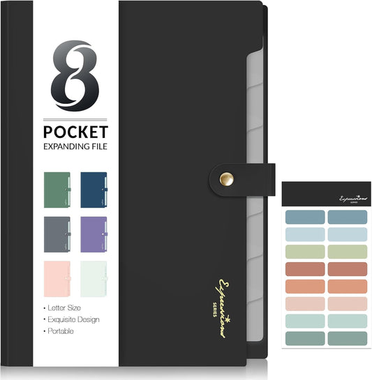 Sooez Elegant Accordion File Organizer with Labels, 8 Pocket Expanding File Folder, Portable Folders for Documents, Cute Paper Organizer for School Office Supplies, Letter Size, Black