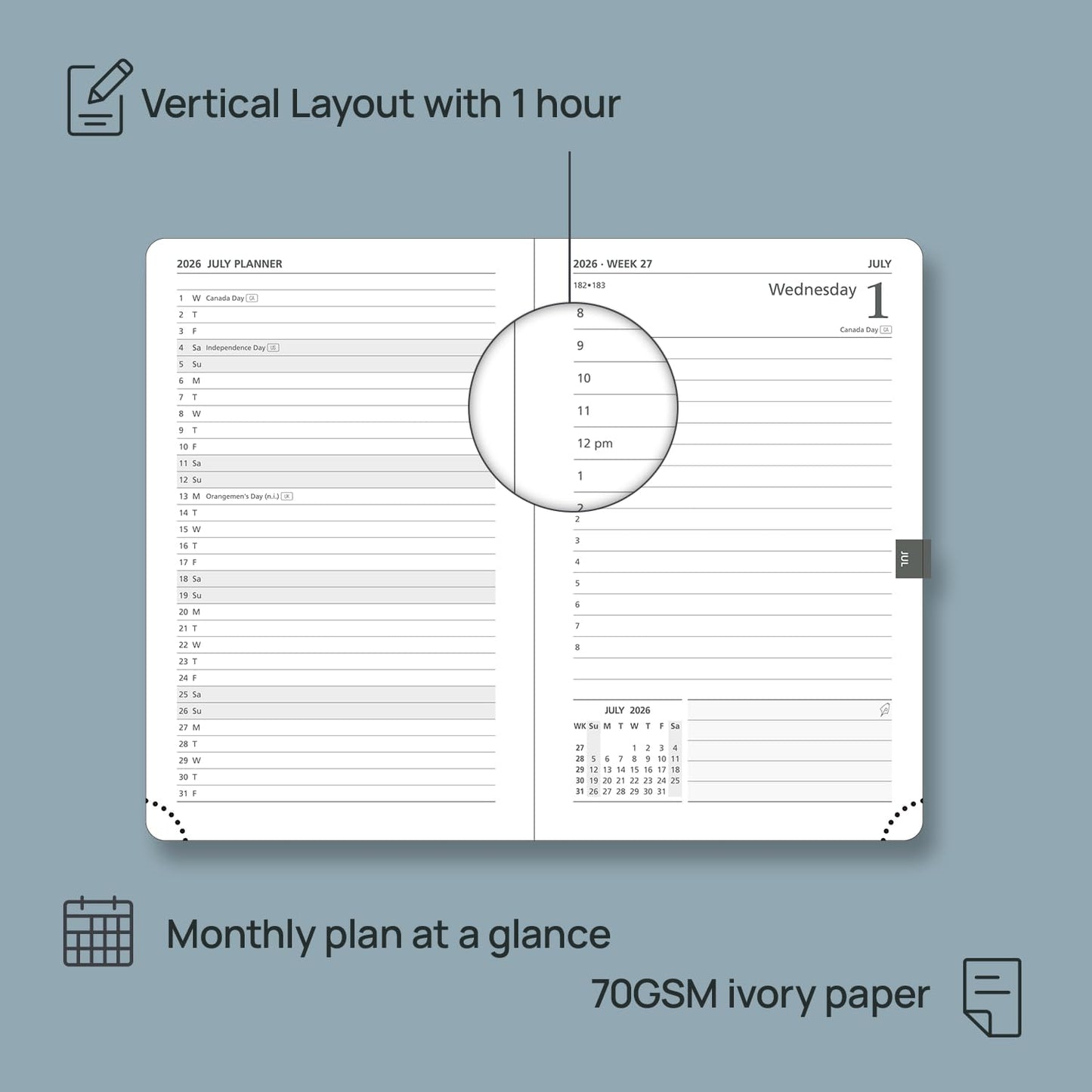 POPRUN 2026 Daily Planner One Page Per Day A6 Size Calendar (4.25" x 6.25") - 12 Months Hourly Appointment Book with Hardcover, Monthly Tabs, Pocket, Pen Holder - Midnight Green