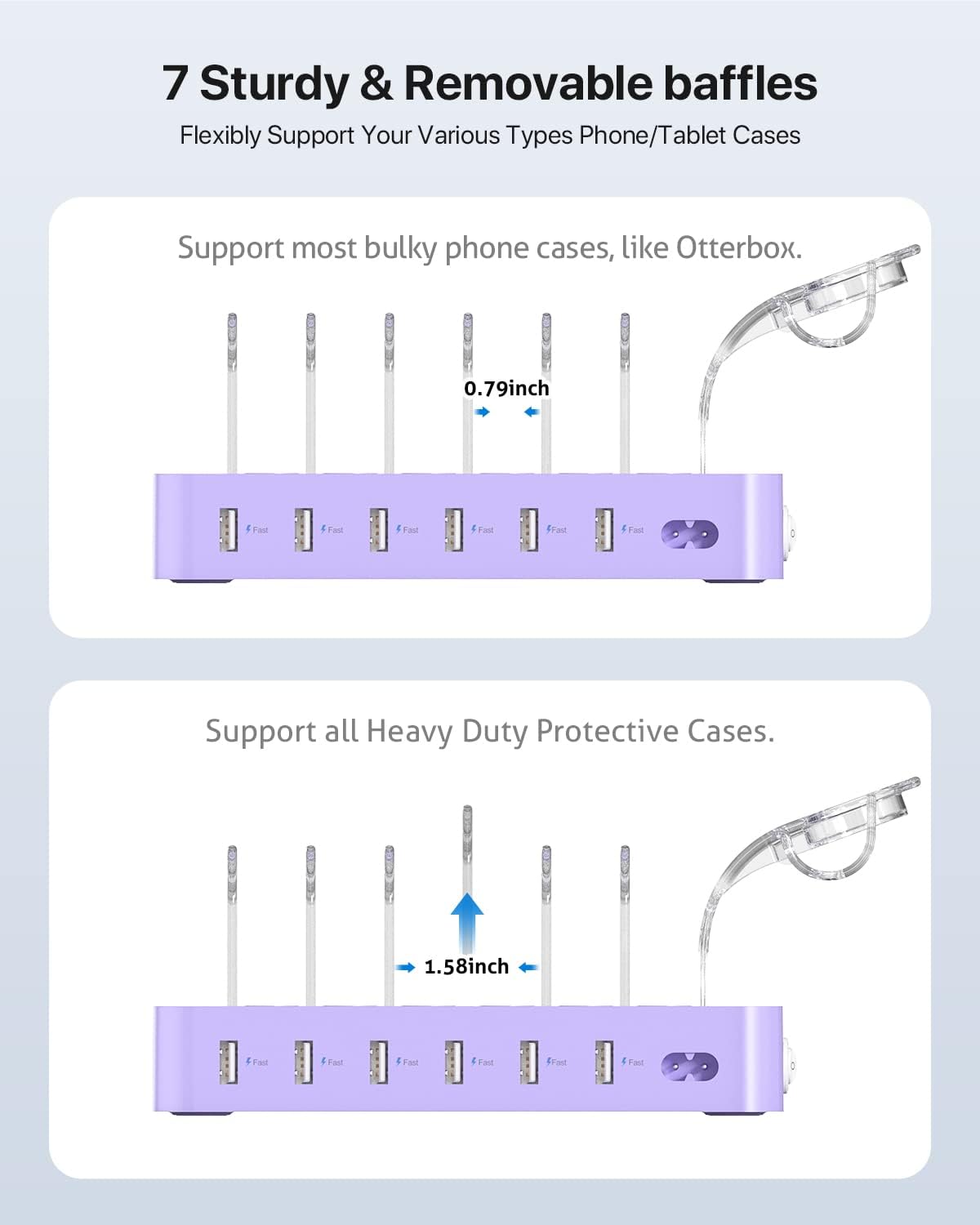 SooPii Premium 6-Port USB Charging Station Organizer for Multiple Devices, 6 Short Charging Cables and One Upgraded i-Watch Charger Holder Included, for Phones,Tablets and Other Electronics, Purple