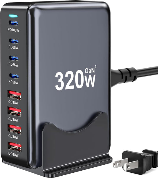 320W USB C Charger Block, 8-Port Fast USB Charging Station Hub PD 100W GaN Ⅲ Pro Charging Station for Multiple Devices, Laptop Charger Adapter Compatible with MacBook, DELL, iPad, iPhone, Samsung etc