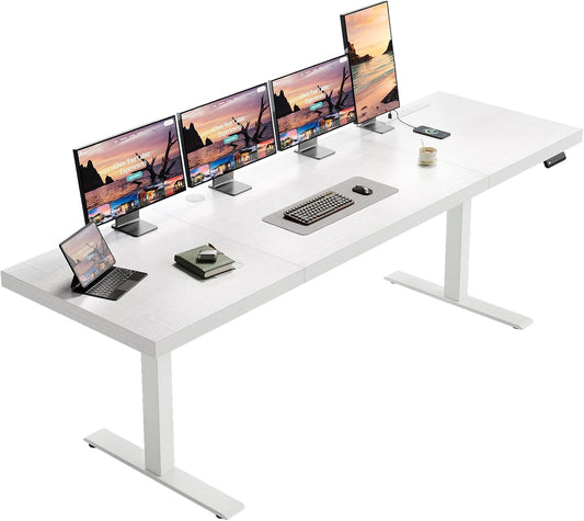 OffiGo Electric Standing Desk with 3-Piece Board, 79 Inch Height Adjustable Large Desk with Power Outlets, Sit Stand Table, Writing Computer Workstation for Home, Office, White