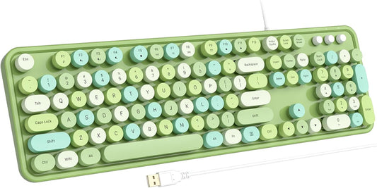 Computer Keyboard Wired, Typewriter Style, Plug Play USB Keyboard with Large Number Pad, Caps Indicators, Foldable Stands, Full Size Wired Keyboard for Windows PC Laptop (Green Colorful)