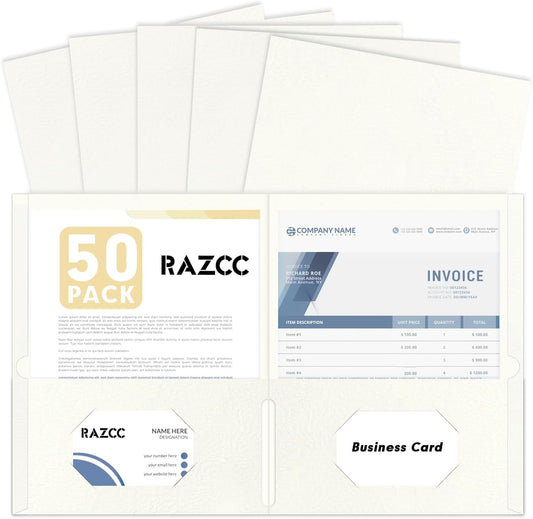 Two Pocket Folders, RAZCC 50 Pack 2 Pocket Folders Fit Letter Size Paper, Paper Folders with Pockets for School Office Business Home (White)