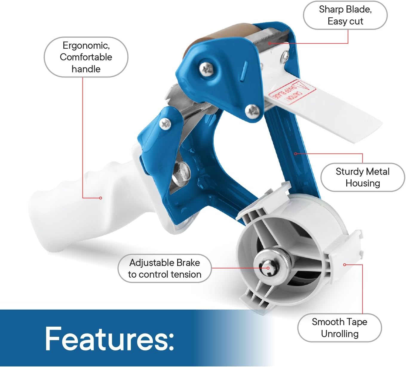 Heavy Duty Metal Frame Tape Gun - 3 Inch Core with Special Ergonomic Handle - Packing Tape Dispenser with Premium Tempered Steel Blade for 2" Tape Rolls
