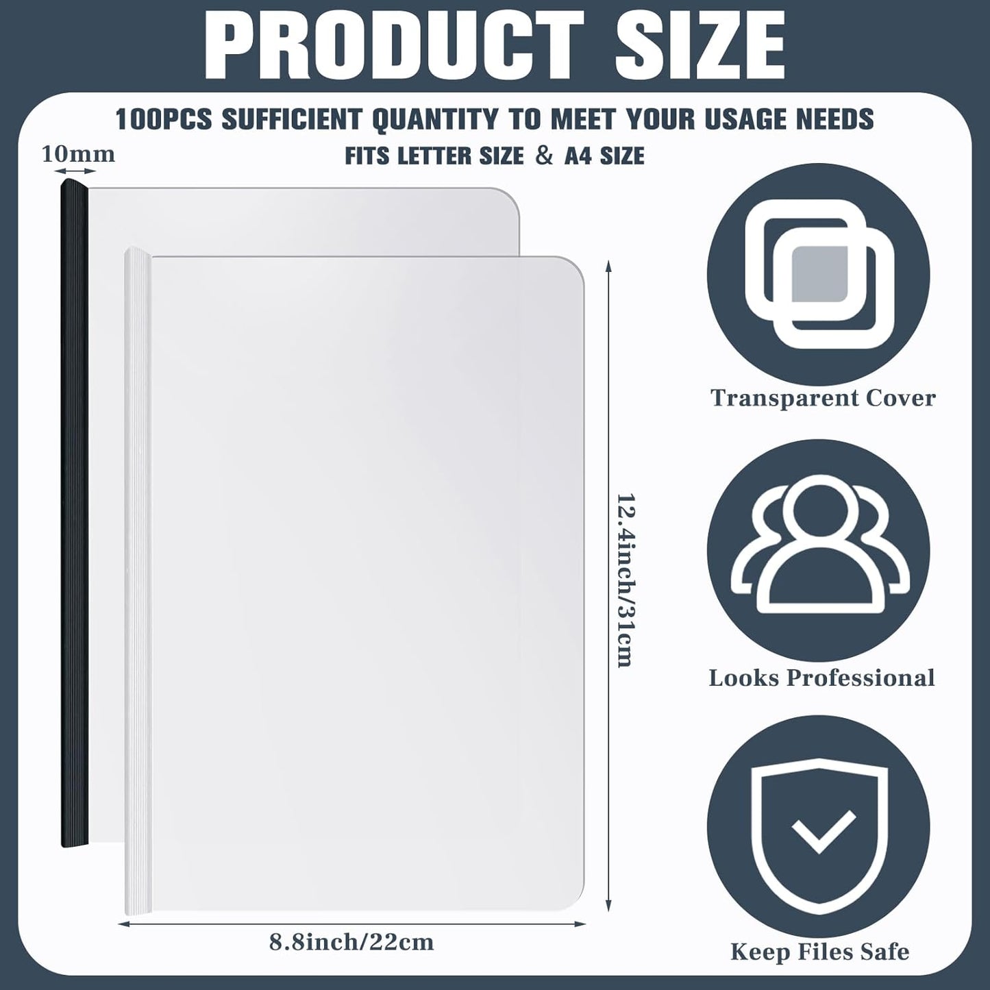 BBTO 100 Pcs Clear Report Covers with Sliding Bar for A4 Paper Resume Covers Presentation Folders File Document Binder for School Business, Letter Size 12 x 8.7 Inches(Black, White)