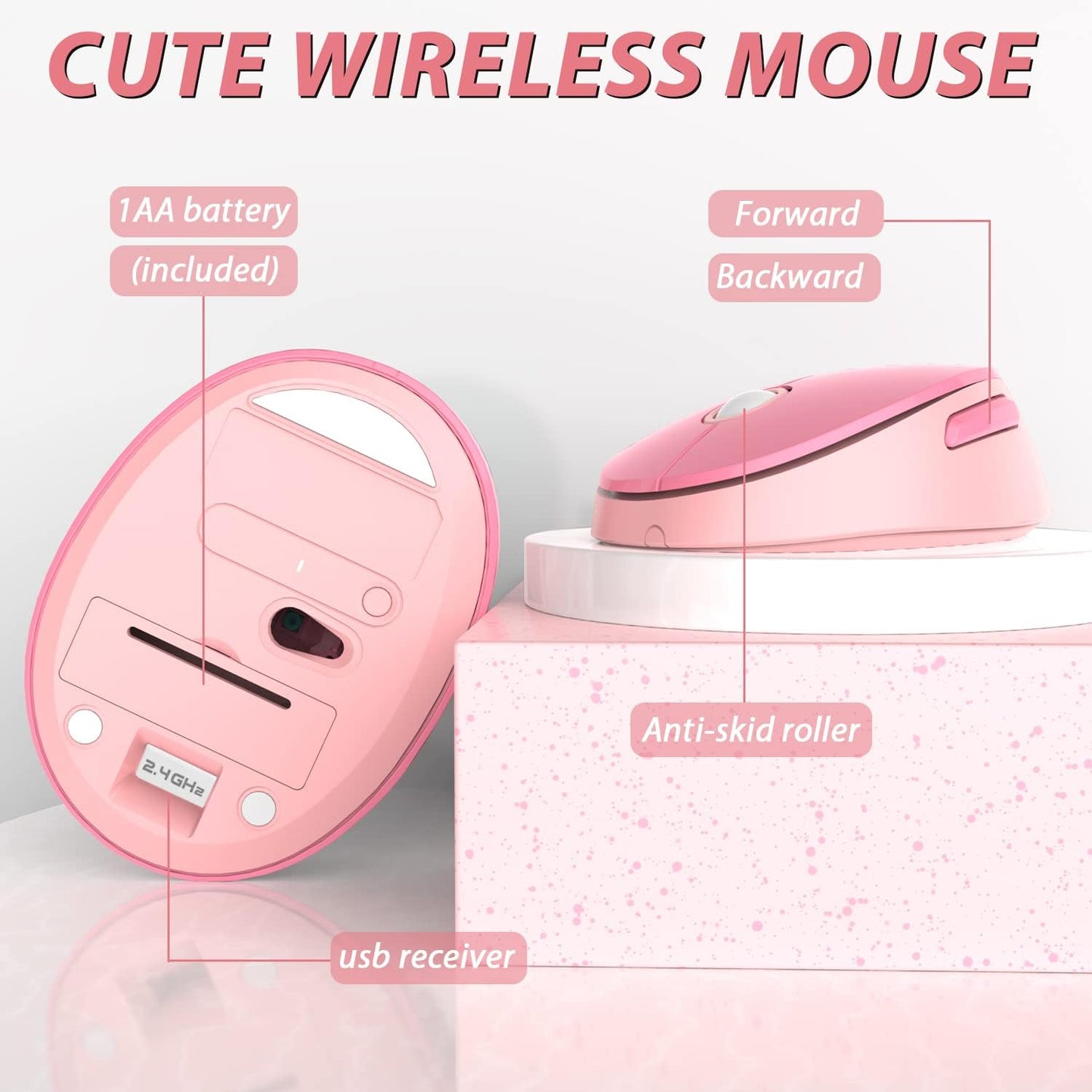 Cute Pink Wireless Keyboard and Mouse, 2.4G Retro Round Keycap for PC, Mac, Laptop, Tablet, Computer Windows