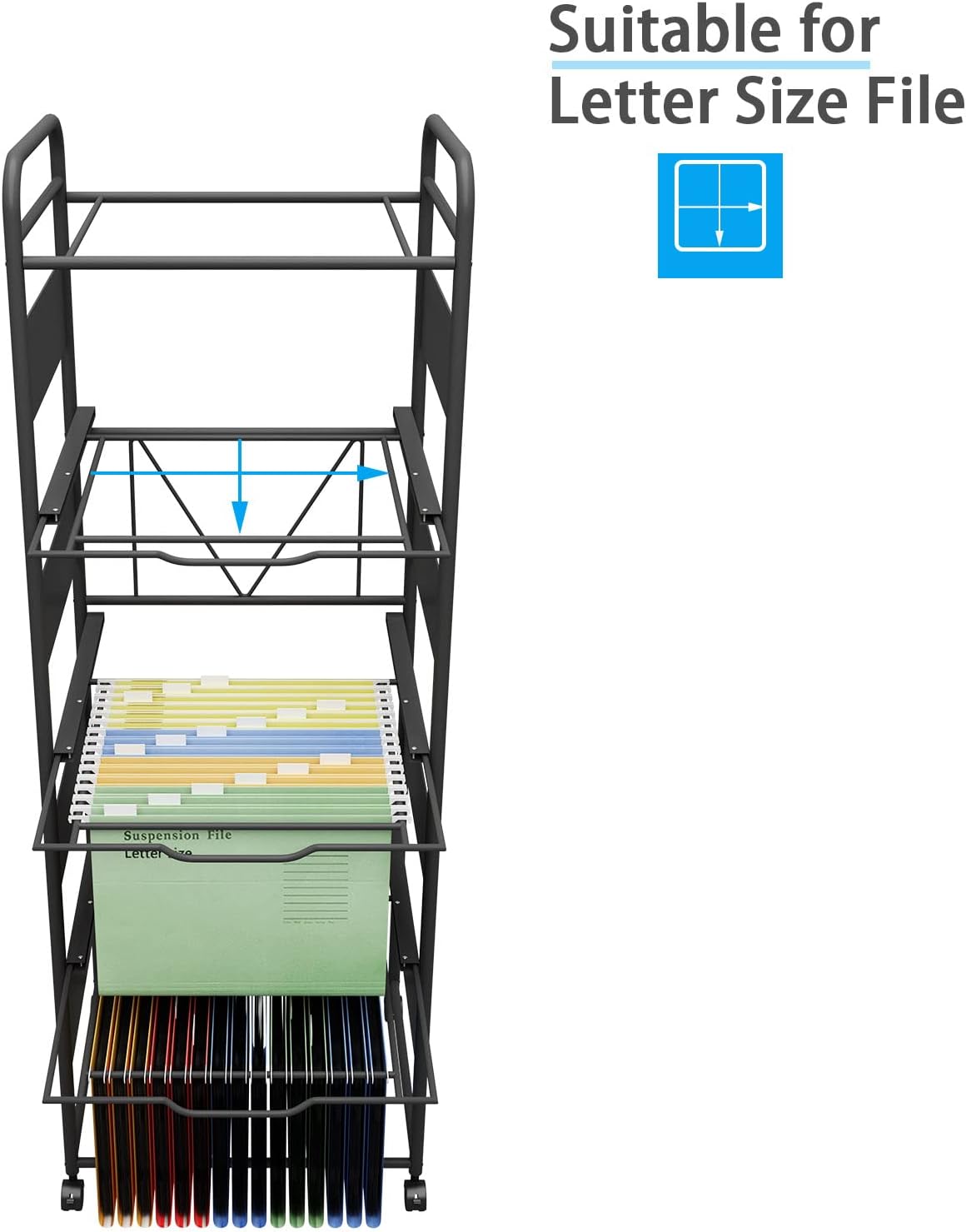 PUNCIA 4 Tiers Metal Rolling File Carts with Wheels Hanging Files for Letter Size Movable Pull-Out File Folder Rack Drawer File Cabinet for Home Office