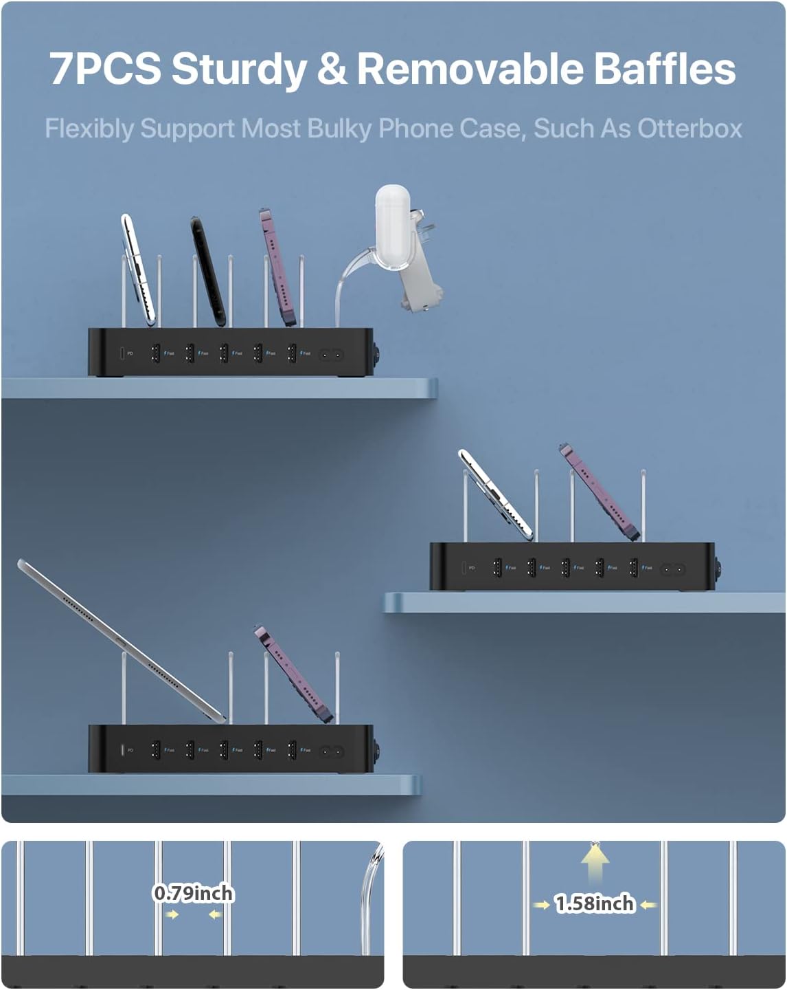 SooPii 6-Port PD Charging Station for Multiple Devices, 20W PD USB C Fast Charging for lPhone 14/13/12,6 Short Cables Included, 2 in 1 Holder,for Phones,Tablets and Others,Black