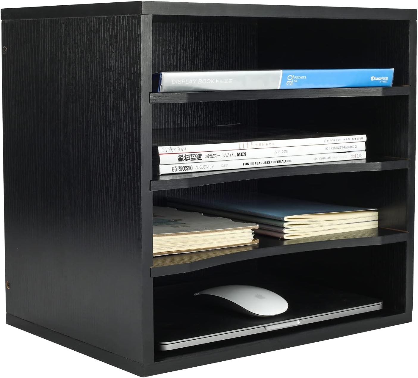 PAG Mail Sorter Organizer, Wood Countertop Literature Organizer, Office Supplies Desktop File Bill Paper Organizer for Office Home School, 4 Compartments, Black