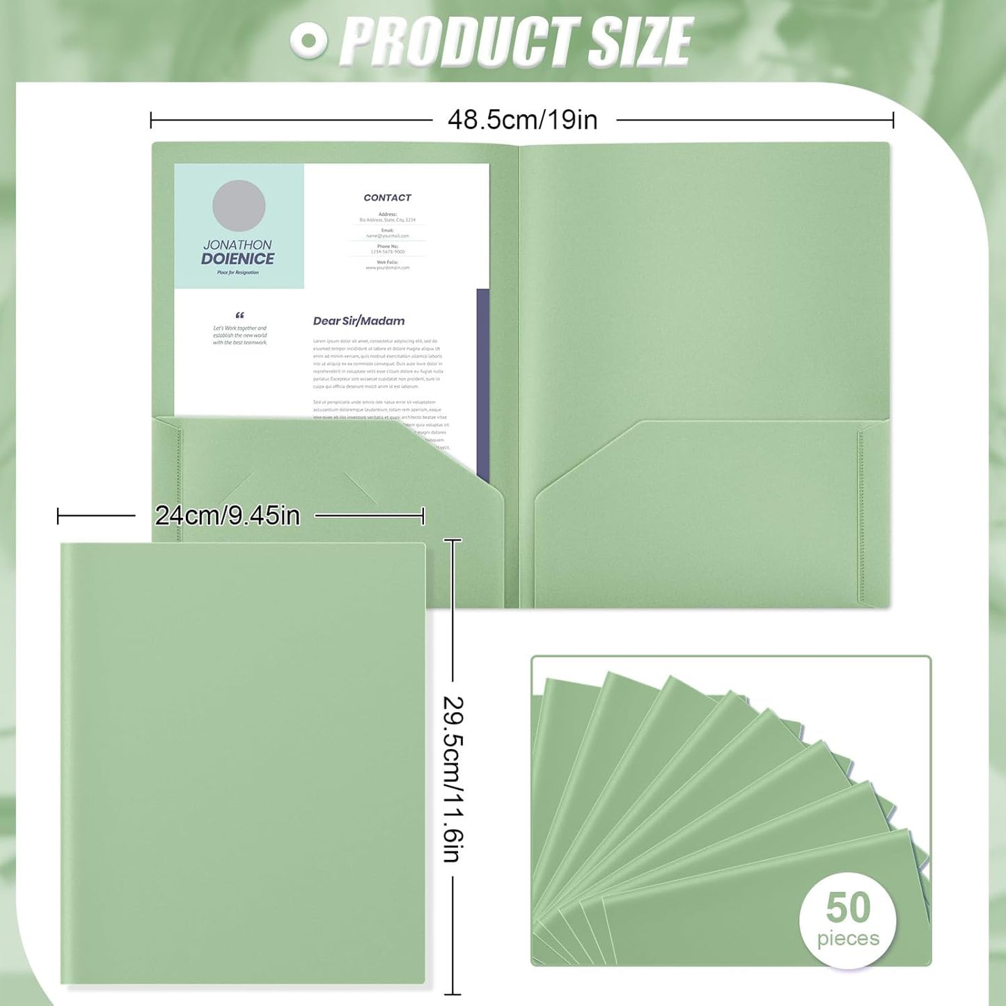 Gueevin 50 Pcs Plastic Folders with Pockets, Back to School Two Pocket Folder Fit Letter Size, Heavy Duty School Business Card Holder for Home Office, 11. 61 x 9. 45 Inches (Sage Green)
