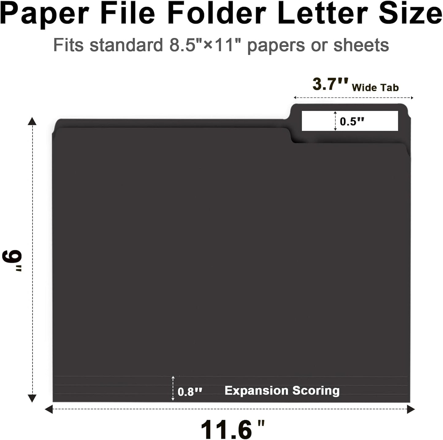 File Folder, RAZCC 150 Pack 1/3 Cut Tab File Folders Letter Size, Black Folders for Dcouments, Folders with Tab Great for Organizing and Easy File Storage