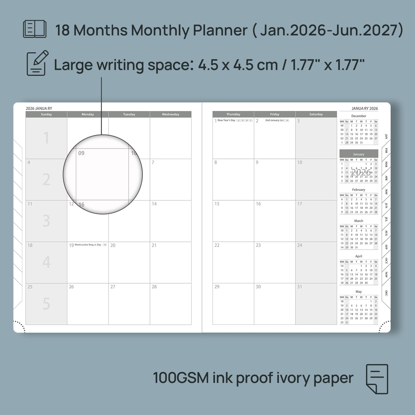POPRUN Monthly Planner 2026-2027 (Large- 8.5" x 10.5" Soft Cover), 18-Month Calendar Book (Jan.2026 - Jun. 2027), Calendar Planner with Monthly Tabs & Pocket, 100 GSM Paper - Blue