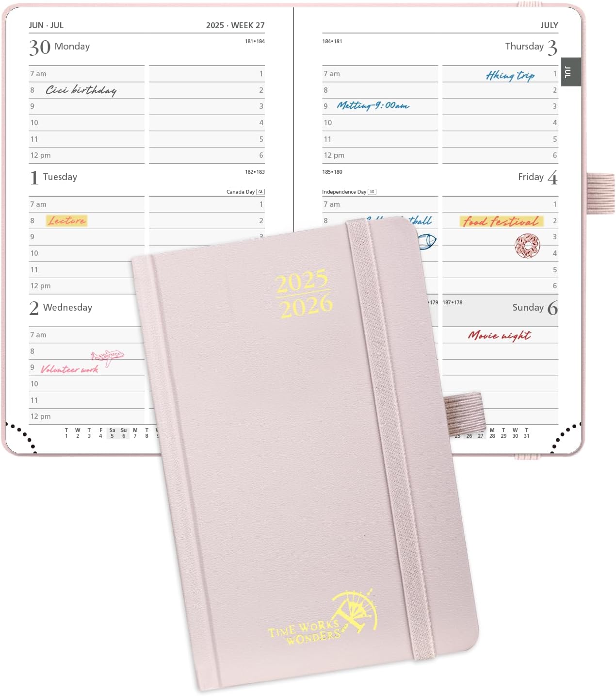 POPRUN Pocket Planner 2025-2026, (Purse Size 4''x 6.25'' Hard Cover) Academic Year Calendar Daily Weekly and Monthly (July 25-June 26) with Hourly Time Slots, 100 GSM Paper - Light Pink