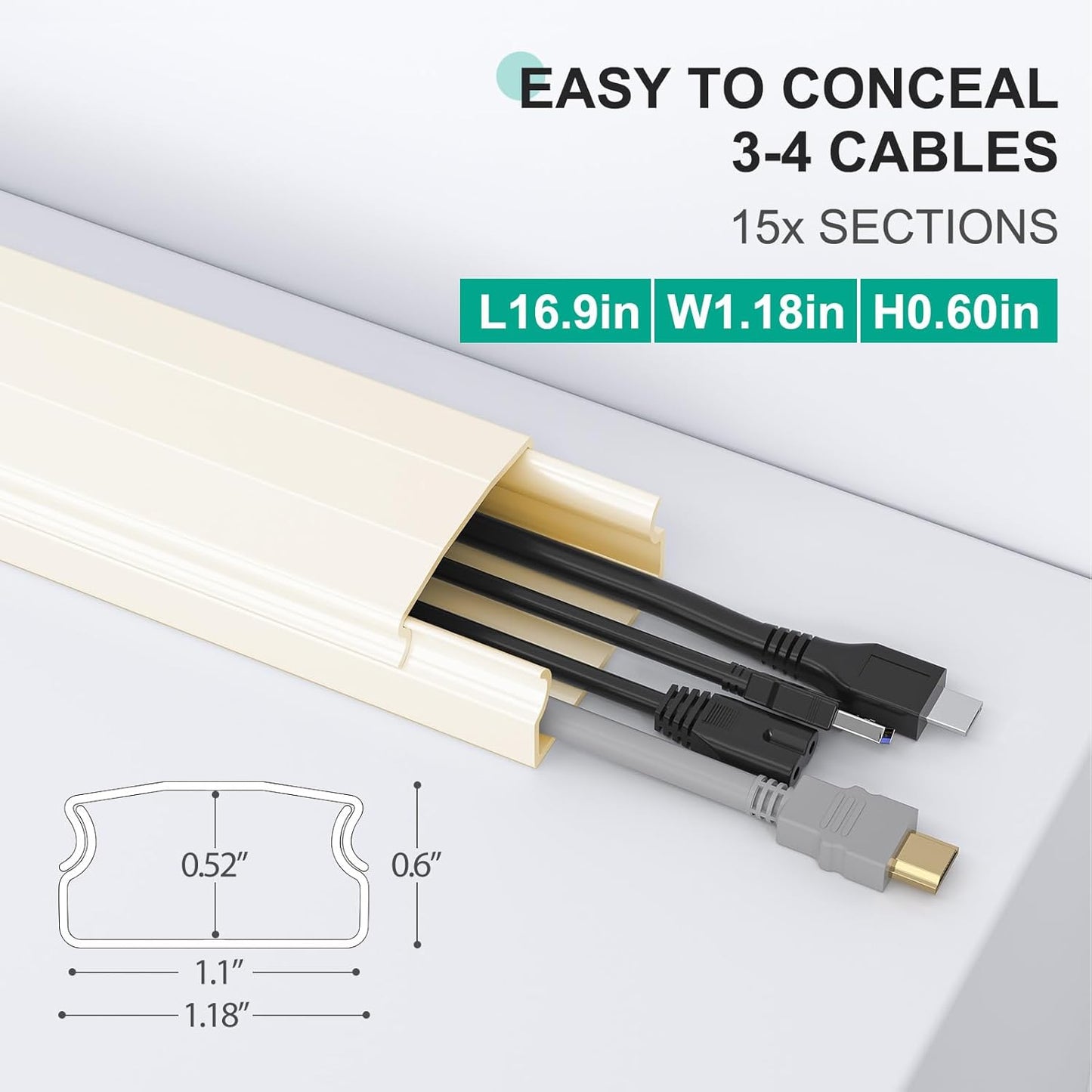 Delamu Cord Covers for 3-4 Wires on Wall, 254in Cable Hider Cord Hider, Large Wire Hider Wire Covers for Cords on Wall, Beige TV Cord Hider for Wall Mounted TV, 15x L16.9 W1.18 H0.6in, Beige