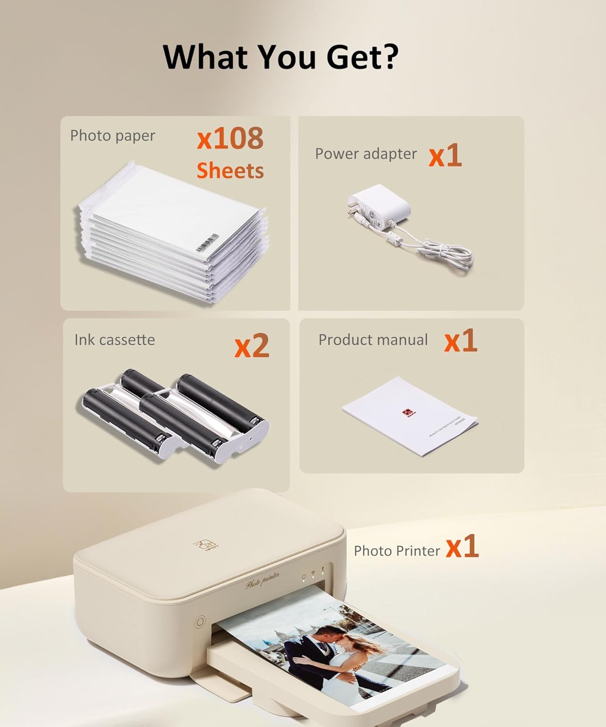 CP4100 4x6 Photo Printer with 108 Sheets & 2 Ribbons, Full-Color Thermal Dye Sublimation Wi-Fi Printing, Portable Instant Picture Printer for iPhone/Android, AR Video, Fun App, Home Use, Beige