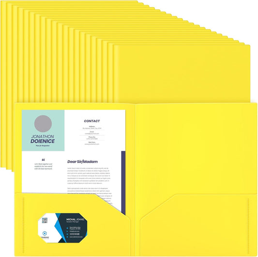 Gueevin 150 Pcs Plastic Folders with Pockets, Two Pocket Folder Fit 8.5 x 11 Inch Letter Size Paper, Heavy Duty School Folders Business Card Holder for Home Office School Bussiness (Yellow)