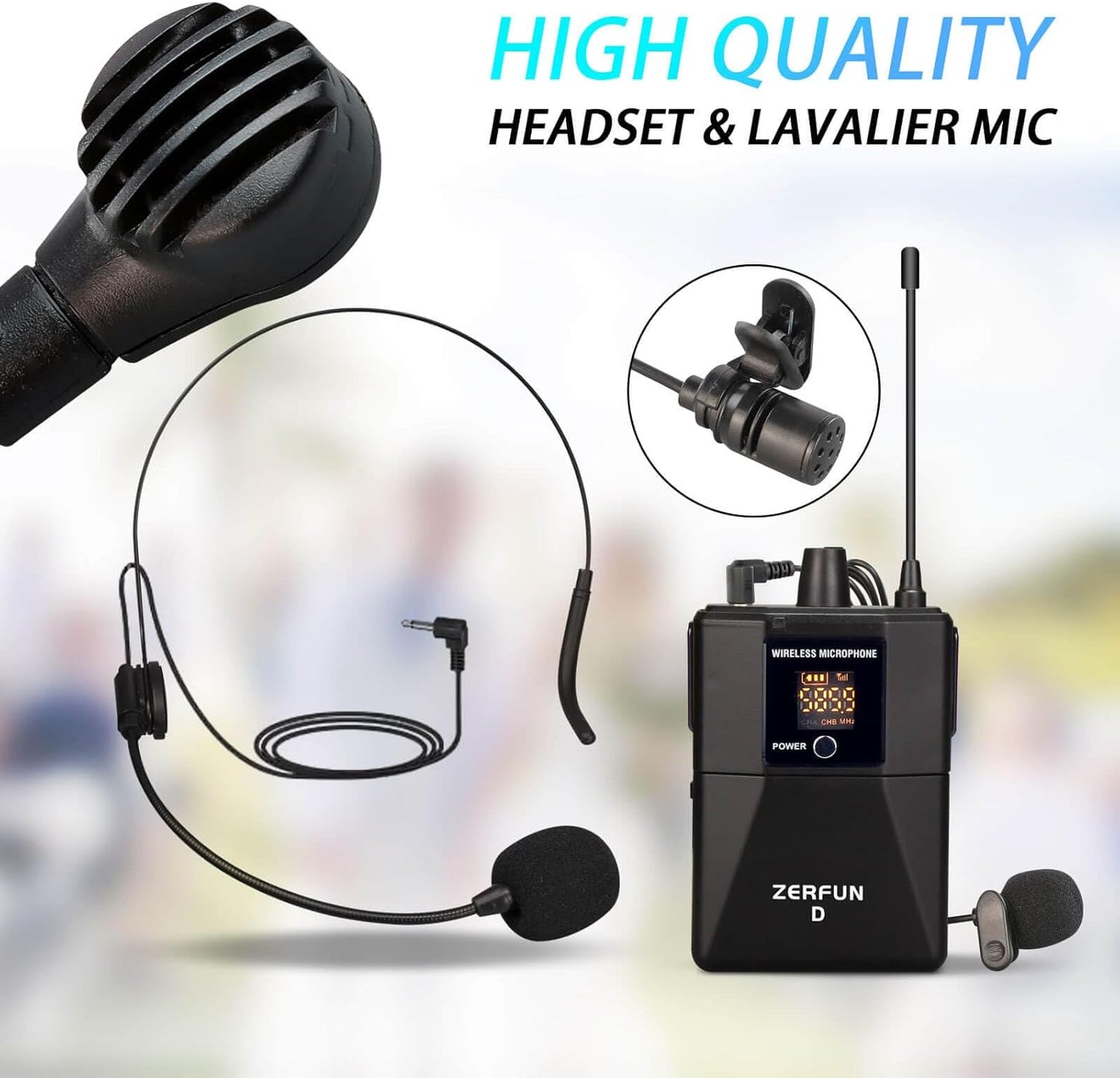 Pro Wireless Microphone System 4 Channel, UHF Cordless Handheld Headset Lavalier Lapel Mics for Church Karaoke Singing, 4x50 Adjustable Frequency(G8 Battery 4 Bodypack)