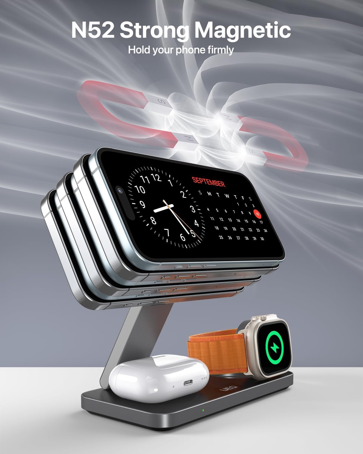 Foldable 3 in 1 Wireless Charging Station for Apple Compatible with Magsafe Charger Stand,Magnetic Wireless Charger Station for iPhone 17 Air16 15 14 13 12 Series,Airpods Pro,Apple Watch(Black)