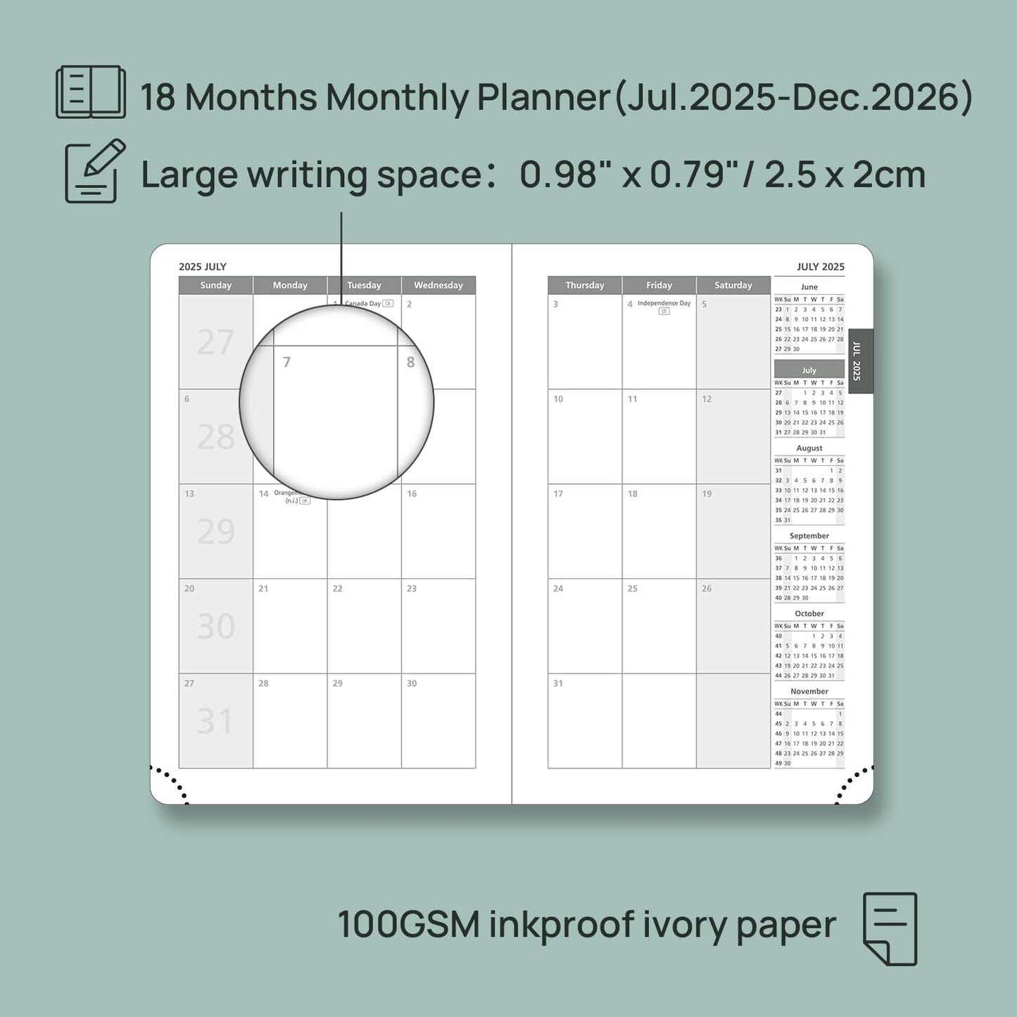 POPRUN Pocket Monthly Planner 2025-2026 (Pocket- 4''x 6.25''Soft Leather Cover) - 18 Month Calendar Book for Purse (Jul.2025-Dec.2026), 100 GSM Thick Paper - Pacific Green