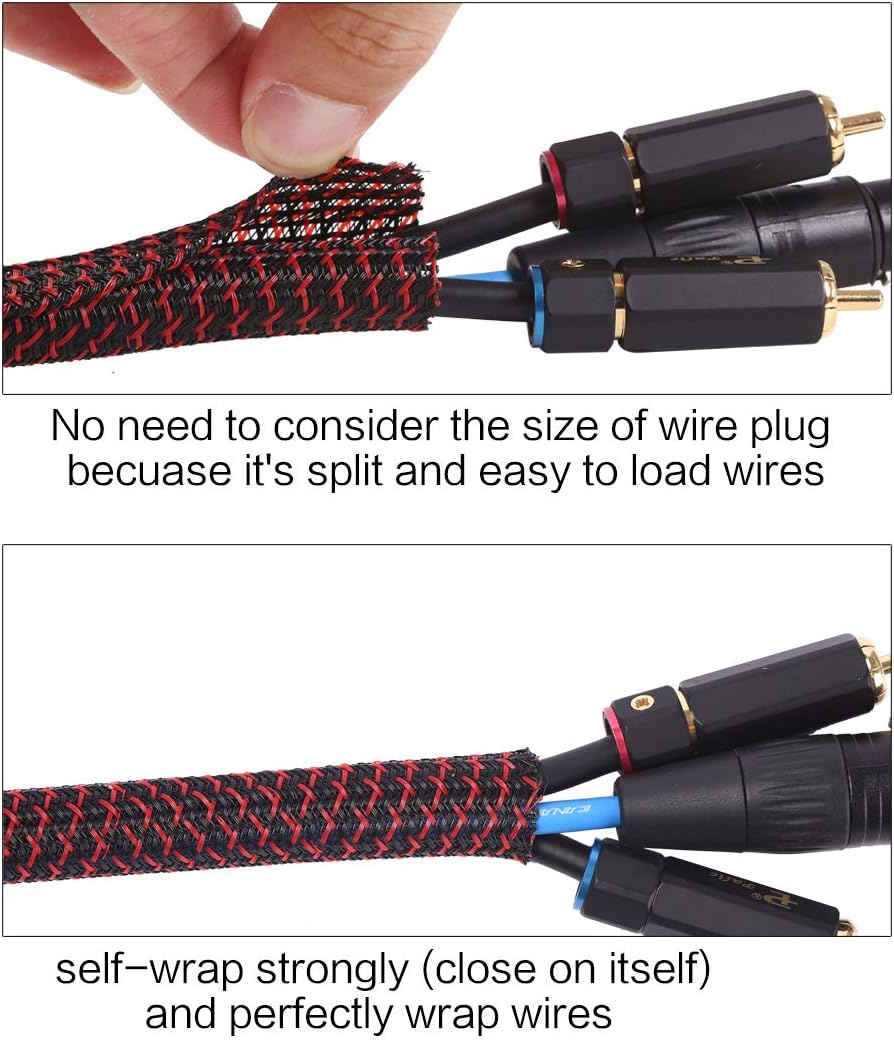 Alex Tech 10ft - 1/2 inch Cord Protector Wire Loom Tubing Cable Sleeve Split Sleeving For USB Power Cord Audio Video Cable – Protect Cat From Chewing Cords - Blackred