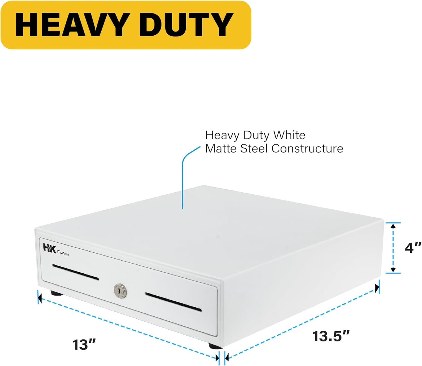HK SYSTEMS 13inch Heavy Duty Manual Push-Open Cash Drawer with 4Bill/5Coin, Removable Till, Two Medial Slots, White