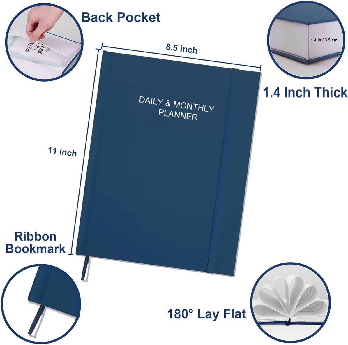 Daily & Monthly Planner for 2025 2026 or Anytime - ADHD Planner Two Pages Per Day, Daily Planner Undated to Increase Focus, Eliminate Overwhelm, Achieve Your Biggest Goals, 8.5'' × 11'', Blue