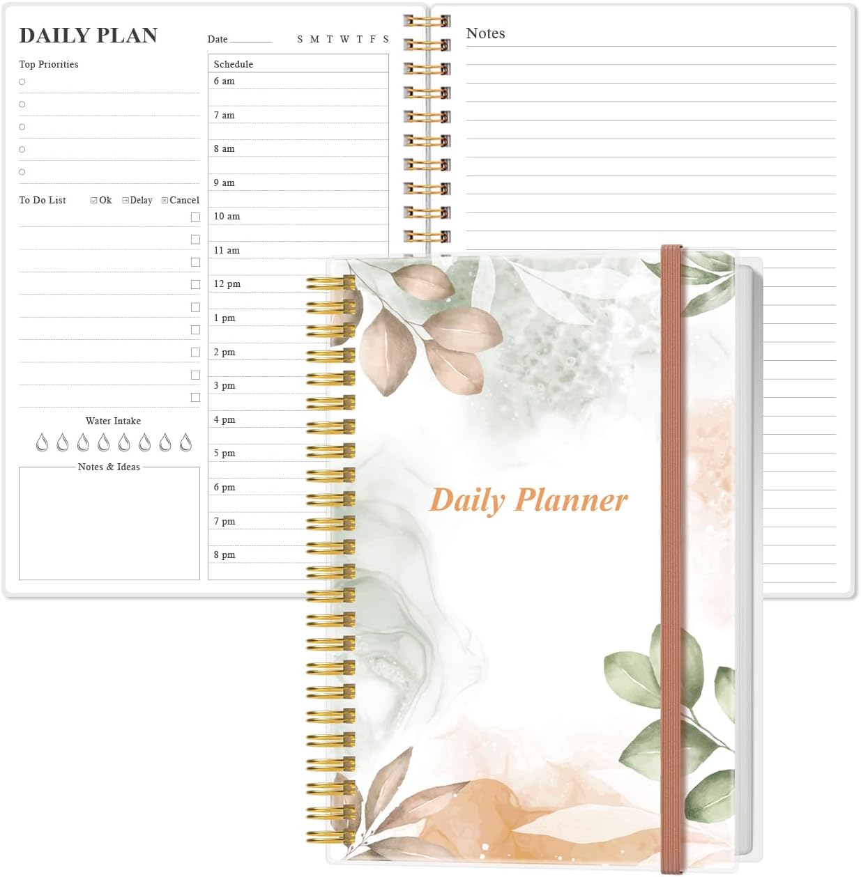 Daily Planner Undated - A5 To Do List Notebook Hourly Schedules, Spiral Appointment Planner for Women and Men, PVC Hardcover, Inner Pocket, Elastic Closure, 5.8" x 8.3", Rose Leaf