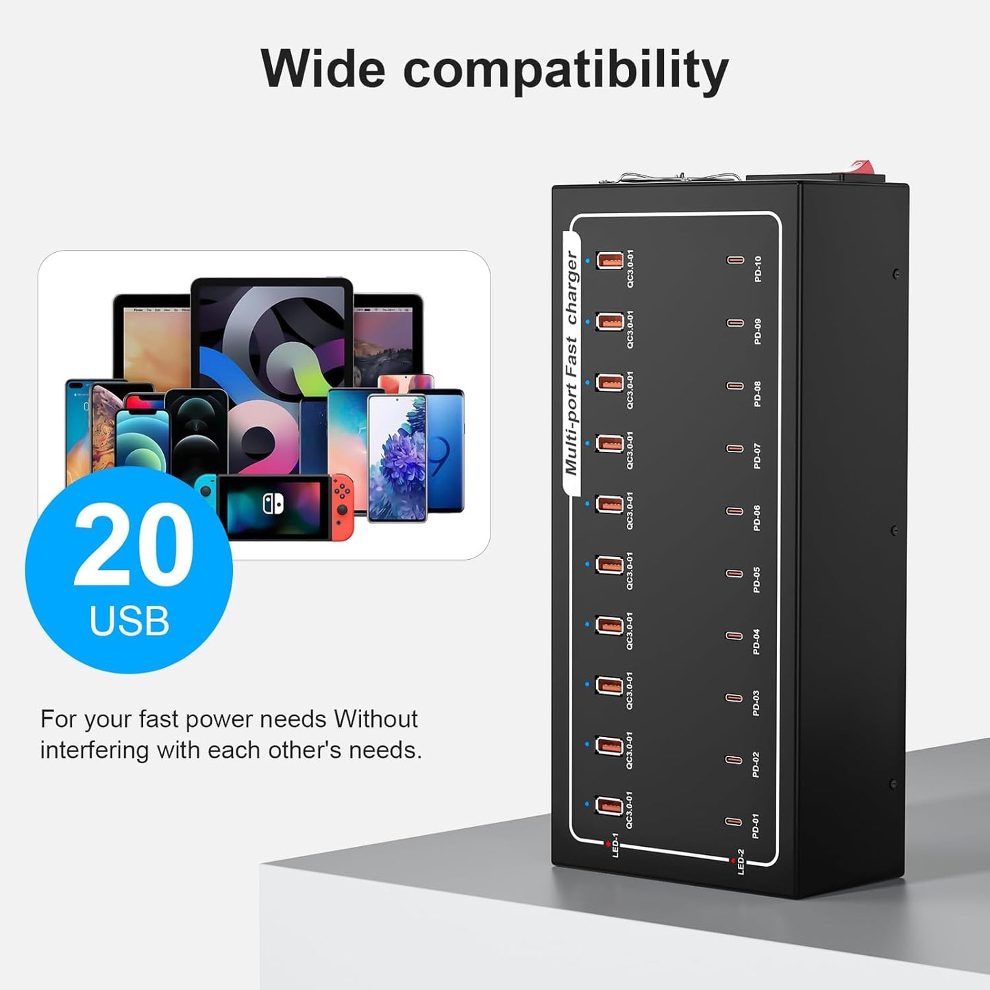 Lcoco&Dream 400W Super Charging Station, 20 Port Fast Charging（10USB C+10USB A） Desktop Charging Station,simultaneously Charges Mobile Phones, Tablets, Headphones and Other Devices at high speeds