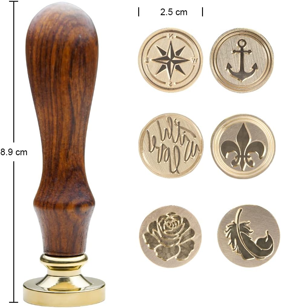 Wax Seal Stamp Kit, 6 pcs Brass Head Wax Stamp & 1 Wooden Handle, 6 Designs (Anchor, Feather, Fleur-de-lis,Compass, with Love, Rose Flower)