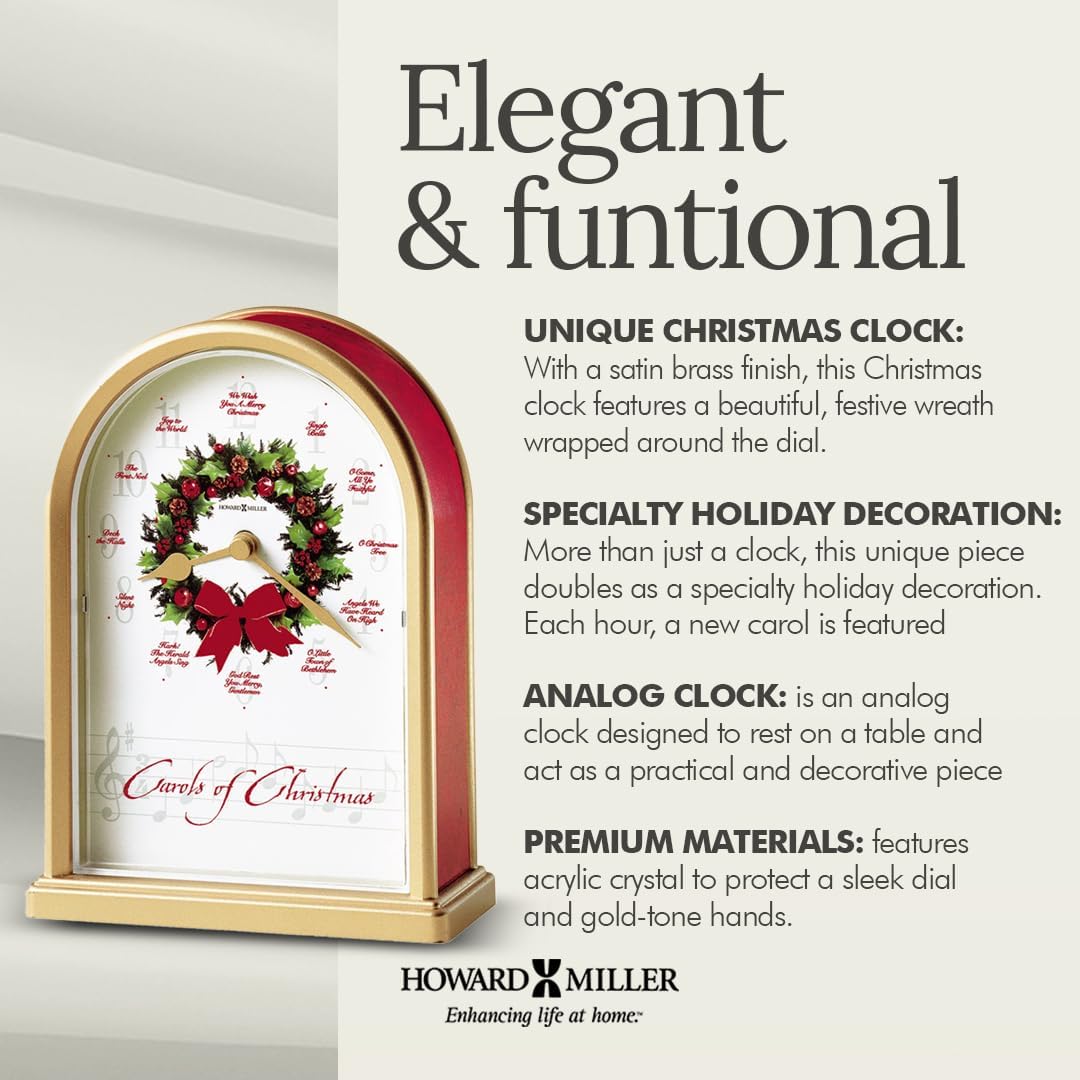 Howard Miller Carols of Christmas II Tabletop Clock – Exclusive Satin Brass Holiday Decor & Chiming Christmas Music Clock with 12 Classic Carols Festive Wreath Design Battery Operated Home Decor