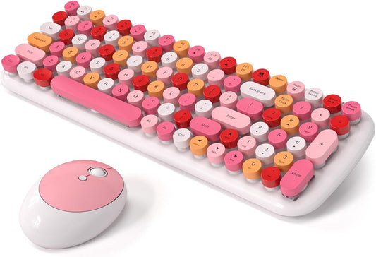 Wireless Keyboard and Mouse Combo, MOWUX - Modern Compact Layout, Colorful Compact Candy Mouse and Retro Round Keyboard Set with Cover, for PC/Laptop/Windows/Mac - White Pink Colorful