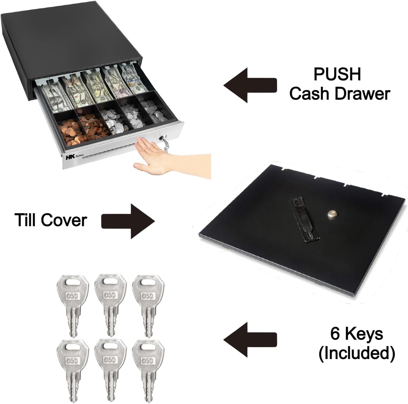 HK SYSTEMS 16" Heavy Duty Black Manual Push Open Cash Drawer with 5Bill/5Coin Stainless Steel with Till Cover