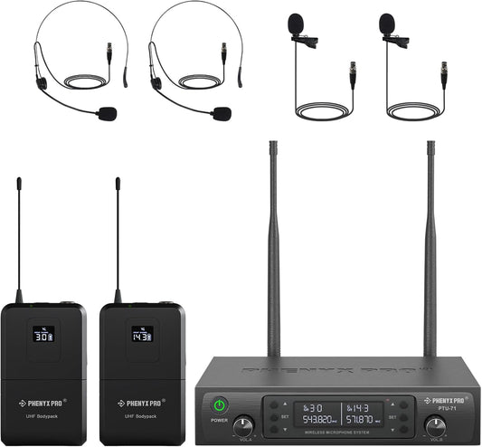 Phenyx Pro Dual UHF Wireless Microphone System，Auto-Scan Cordless Mic Set w/ 2x100 Frequencies, 2 Bodypacks & Headsets/Lapel Microphones for Speaking, Singing, Church, DJ (PTU-71-2B)