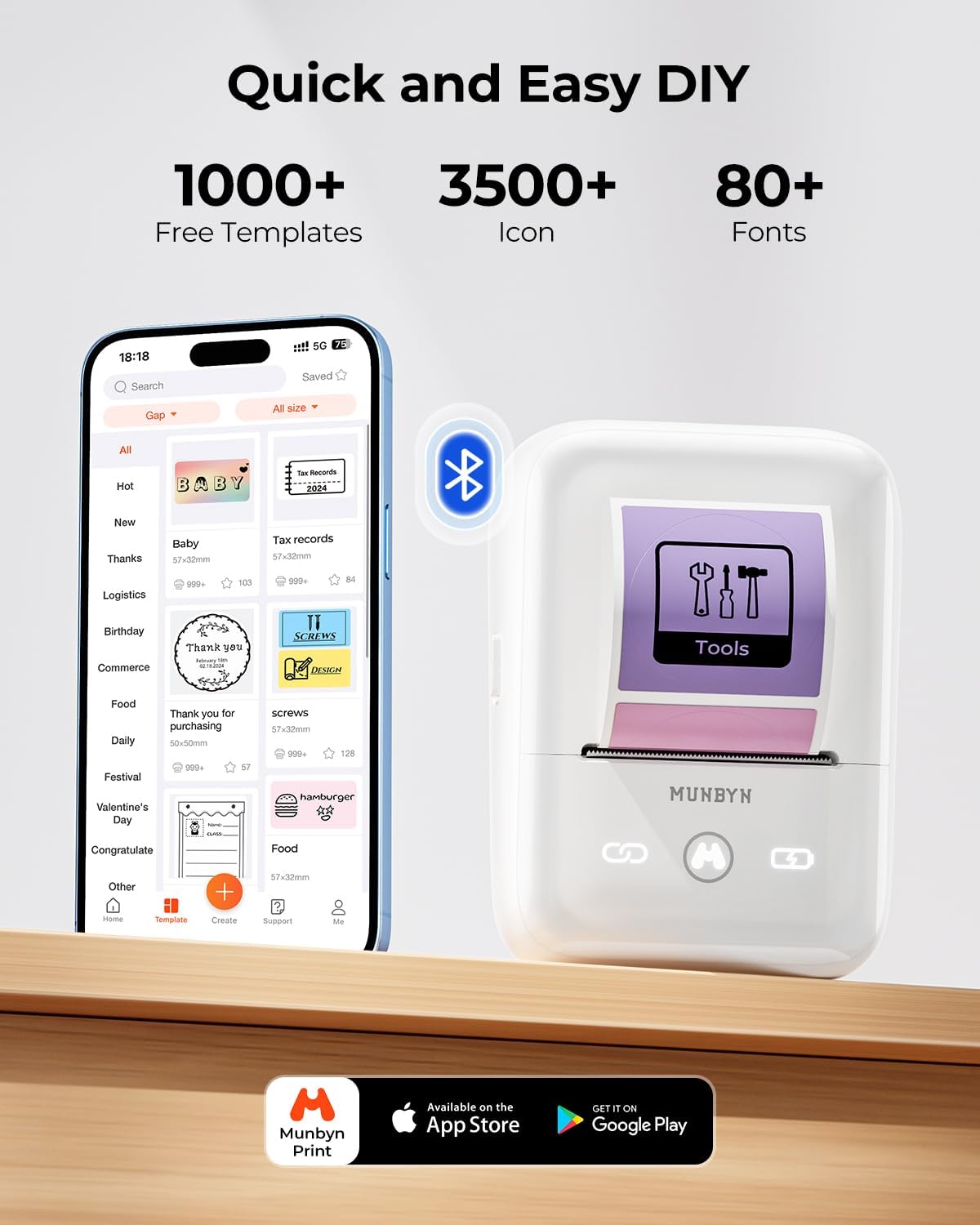 MUNBYN FM226 Label Maker with Tape, Bluetooth Inkless Portable Thermal Sticker Machine,for 0.78-2inch Labels, for Small Businesses, Office Supplies, Address, Clothing, 11H Working Time,White