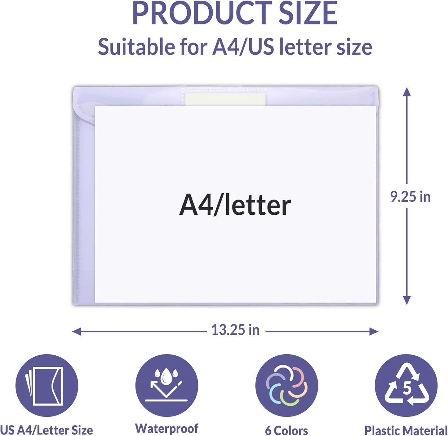 SUNEE 6 Pack Plastic Envelopes, Folders for Document for A4 Letter Size, Poly File Folders with Label Pockets for School Home Office Organizer Work Supplies, 6 Colors