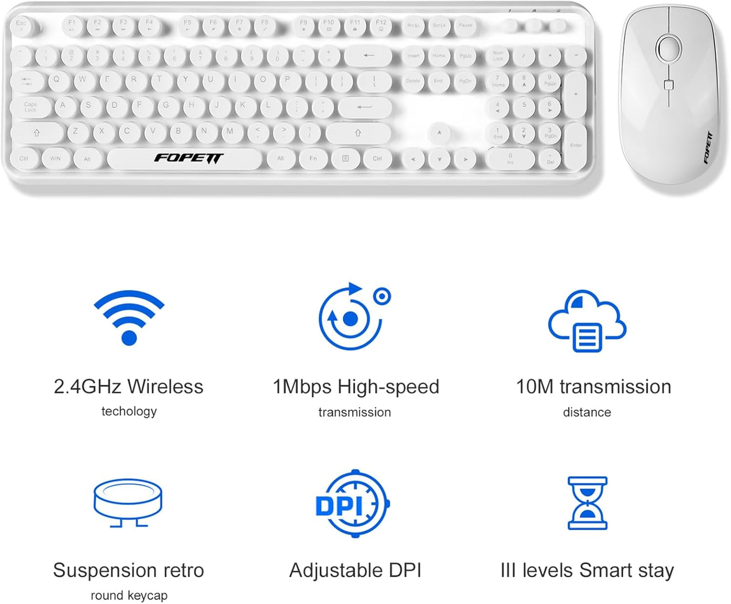 FOPETT Wireless Keyboard and Mouse Combo - 2.4G Full-Sized White Keyboard with Round Keycaps 104 Keys Typewriter Keyboard for Laptop/Windows/PC - White