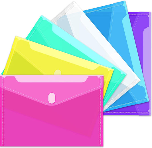 Sooez 6 Pack Plastic Envelopes, Plastic File Folders for Documents, Clear School Folder, Colored File Folders Letter A4 Size, Waterproof Poly Envelopes with Closure, 6 Color