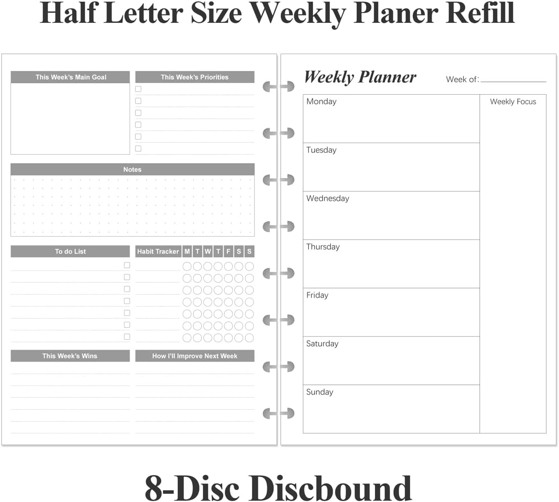 (2-Pack) Weekly Planner Undated Refills - Junior Size 106 Sheets/212 Pages Weekly Planner for 8-Disc Discbound, 100 gsm White Paper, Lasts 1 Year, Undated, 5.8" x 8.3", Black