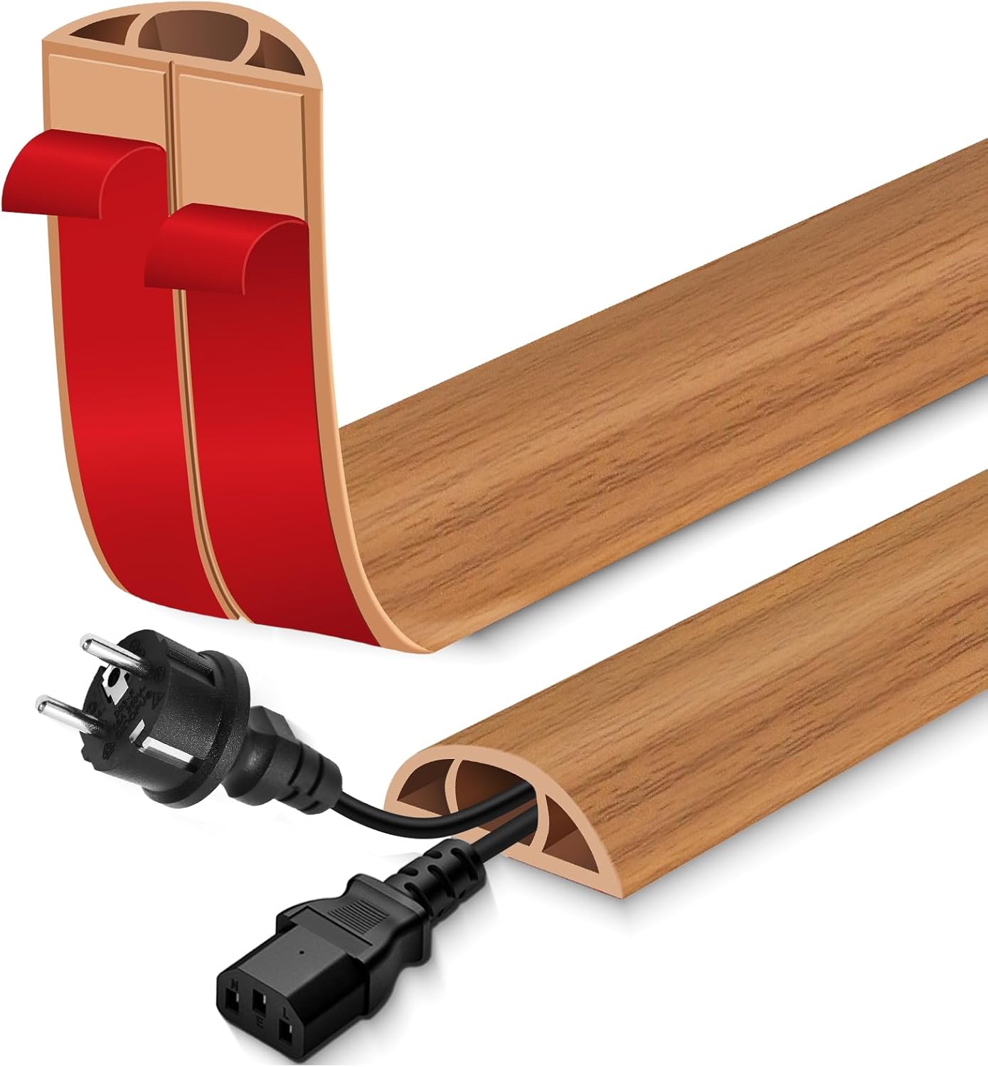 Floor Cord Cover for Wires on Floor Self Adhesive Cord Hider Floor Cable Management Wire Covers for Cords Protector Prevent Cable Trips Cord Cavity W 0.47" x H 0.27", Brown Wood, 10Ft