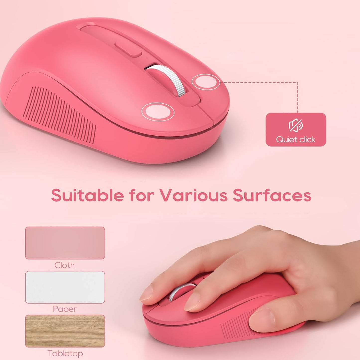 Wireless Keyboard and Mouse Combo - Round Keycaps, Full-Size Retro Typewriter Keyboard with Detachable Wrist Rest, Sleep Mode & Tilt Legs, 2.4GHz Cordless Connection for Mac/Windows/PC (Hot Pink)