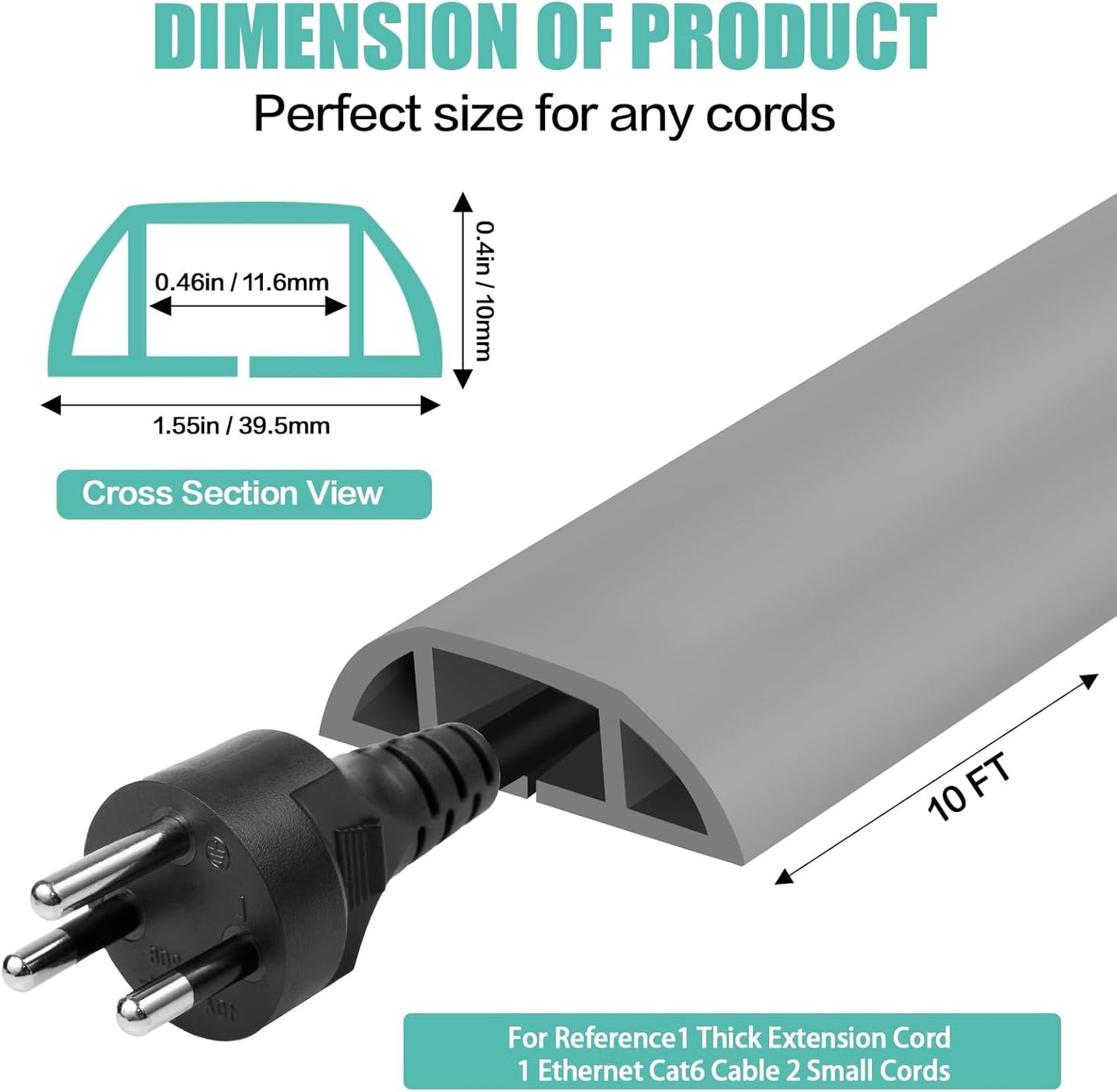 Floor Cord Cover Self Adhesive Cord Hider,10FT Cable Management, Extension Strip Protector for Wires, Prevent Cable Trips for Offices, Gyms, Exhibitions Cavity:0.51"(W) x 0.3"(H) Gray
